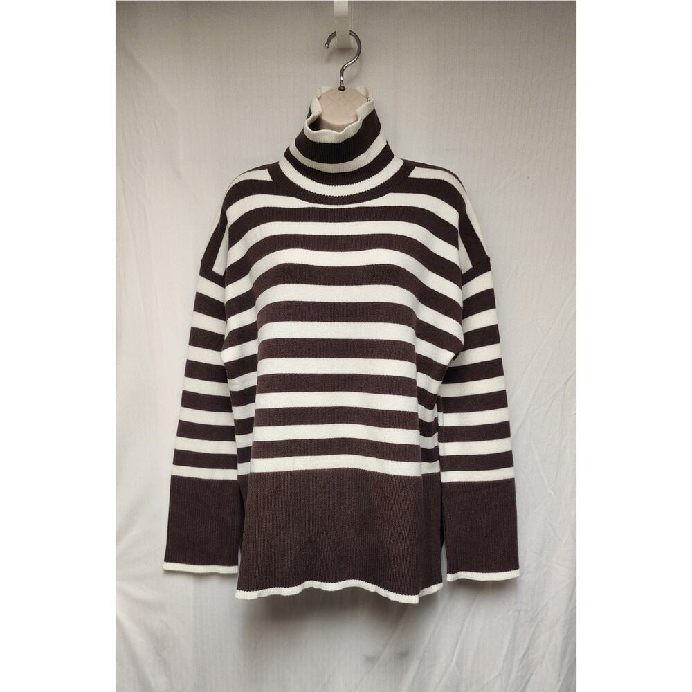 Women's Fashion Turtleneck Neck Striped Long Sleeve Brown/White Sweater Size XL - Picture 2 of 7